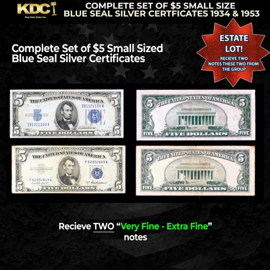 Complete Set of $5 Small Size Blue Seal Silver Certficates 1934 & 1953 Grades VF/XF