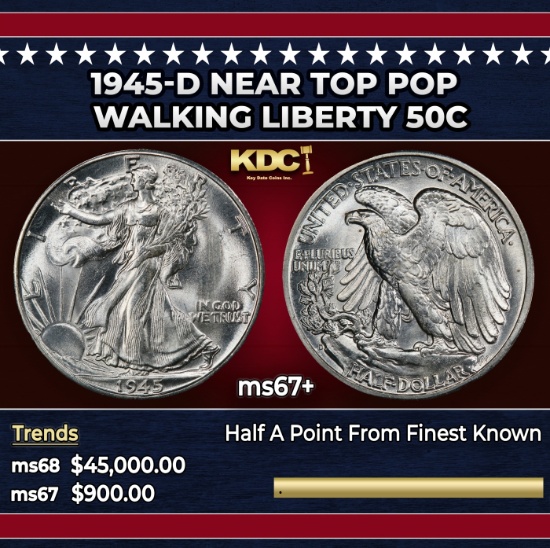 1945-d Walking Liberty Half Dollar Near Top Pop 50c ms67+ SEGS