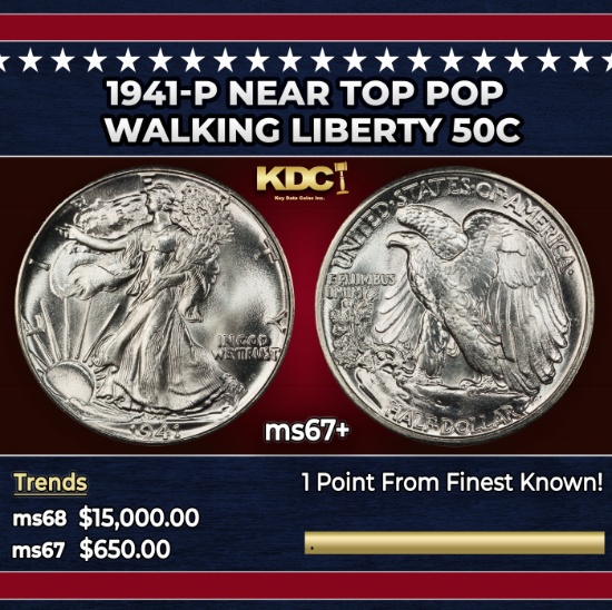 1941-p Walking Liberty Half Dollar Near Top Pop 50c ms67+ SEGS