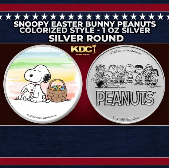 Snoopy Easter Bunny Peanuts Colorized Style - 1 oz Silver Round Round