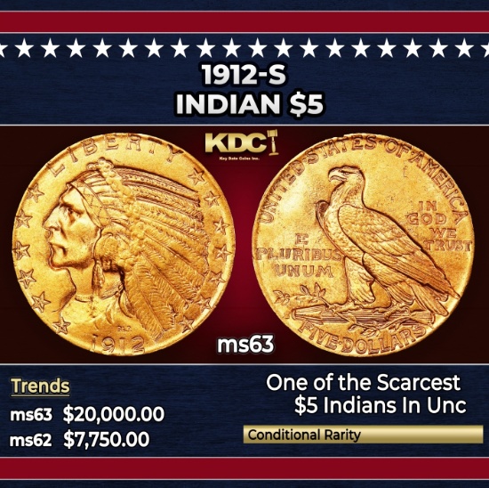 1912-s Gold Indian Half Eagle $5 ms63 USCG