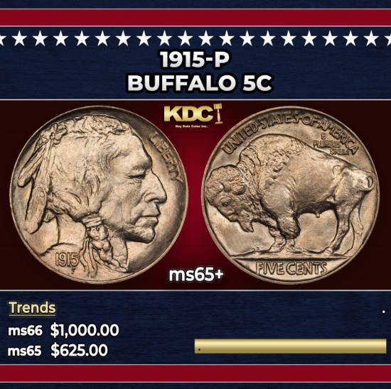 1915-p Buffalo Nickel 5c Grades ms65+