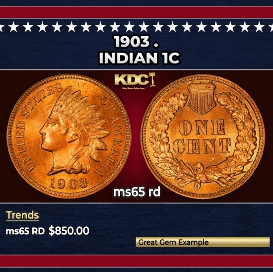 1903 Indian Cent . 1c Grades ms65 rd