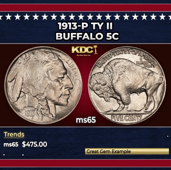 1913-p Ty II Buffalo Nickel 5c Grades ms65