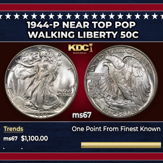 1944-p Walking Liberty Half Dollar Near Top Pop 50c ms67 SEGS