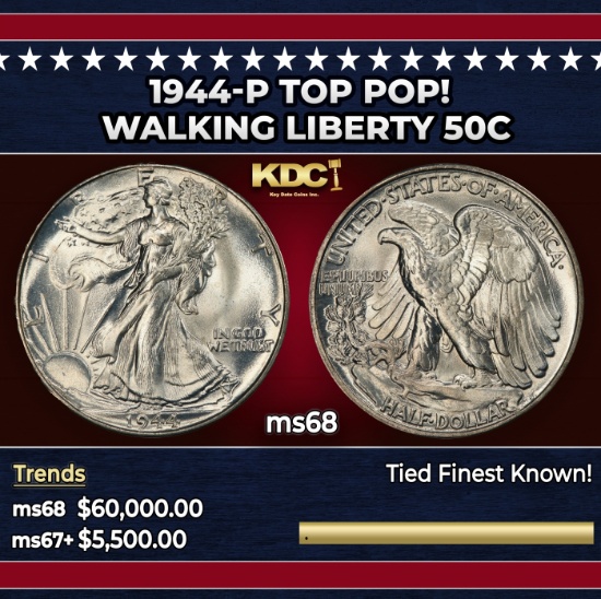1944-p Walking Liberty Half Dollar TOP POP! 50c ms68 SEGS