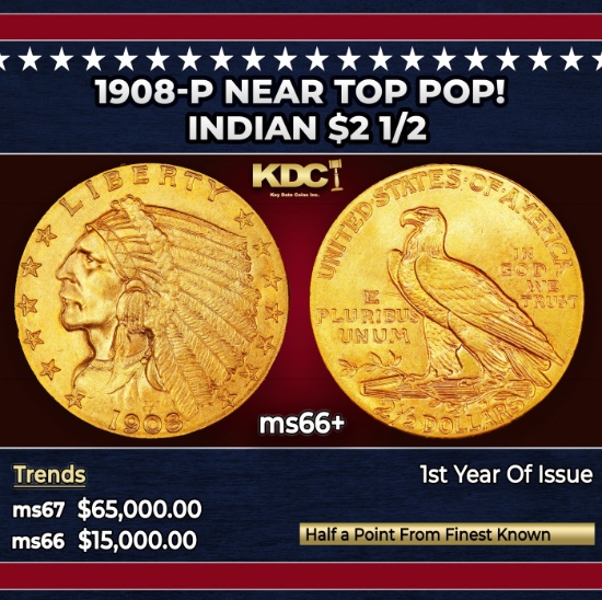 1908-p Gold Indian Quarter Eagle Near Top Pop! $2 1/2 ms66+ USCG