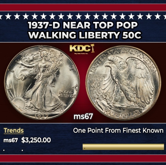 1937-d Walking Liberty Half Dollar Near Top Pop 50c ms67 SEGS
