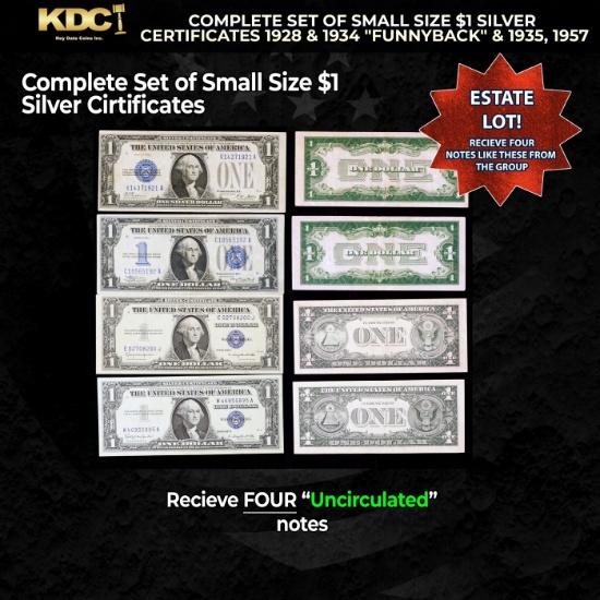 COMPLETE Set of Small Size $1  Silver Certificates 1928 & 1934 "Funnyback" & 1935, 1957 Grades CU