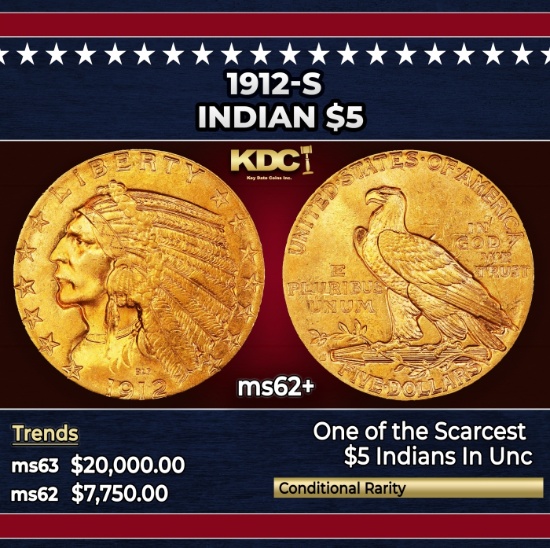 1912-s Gold Indian Half Eagle $5 ms62+ USCG