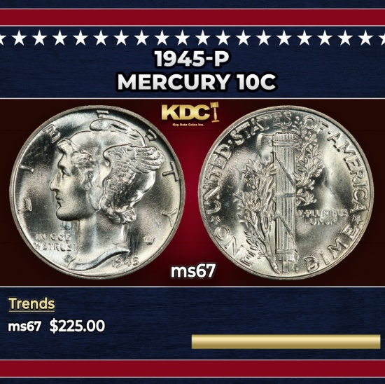 1945-p Mercury Dime 10c ms67 SEGS