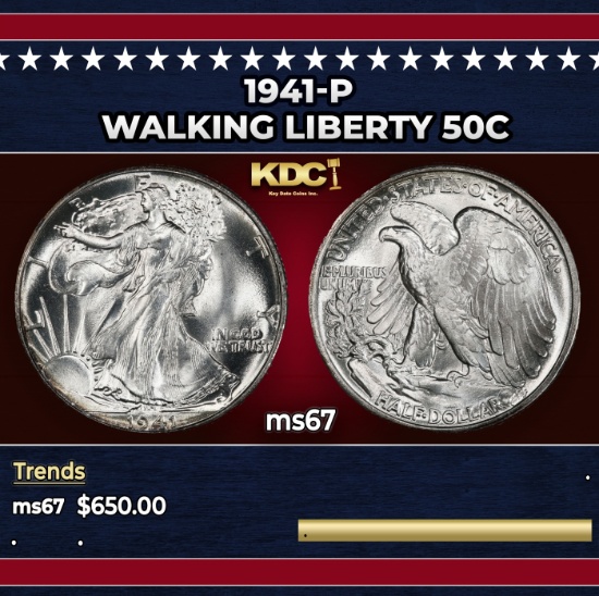 1941-p Walking Liberty Half Dollar 50c ms67 SEGS
