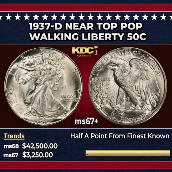 1937-d Walking Liberty Half Dollar Near Top Pop 50c ms67+ SEGS