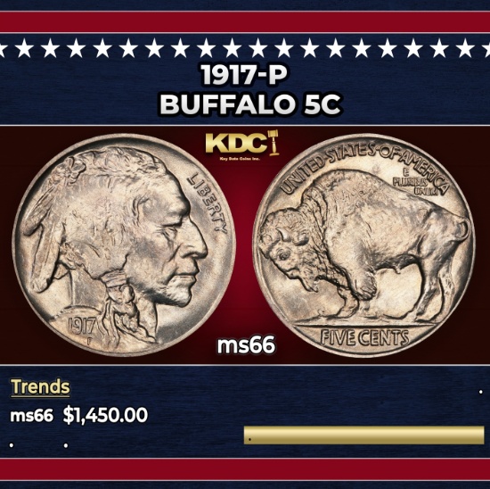 1917-p Buffalo Nickel 5c ms66 SEGS
