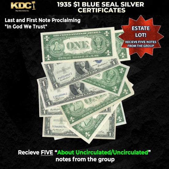 5x 1935 $1 Blue Seal Silver Certificates Grades AU/CU