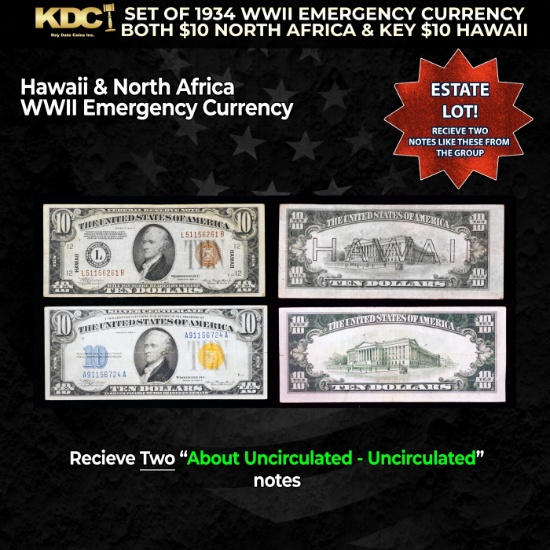 Set of 1934 WWII Emergency Currency Both $10 North Africa & KEY $10 Hawaii Grades AU/CU