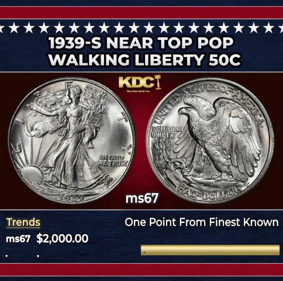 1939-s Walking Liberty Half Dollar Near Top Pop 50c ms67 SEGS
