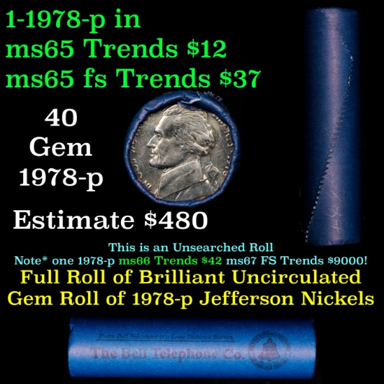 BU Shotgun Jefferson 5c roll, 1978-p 40 pcs Bank $2 Nickel Wrapper