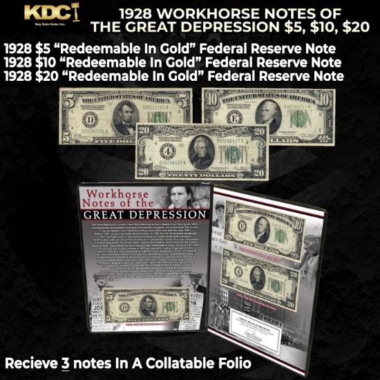 1928 Workhorse Notes of the Great Depression $5, $10, $20 3 "Redeemable In Gold" Federal Reserve Not