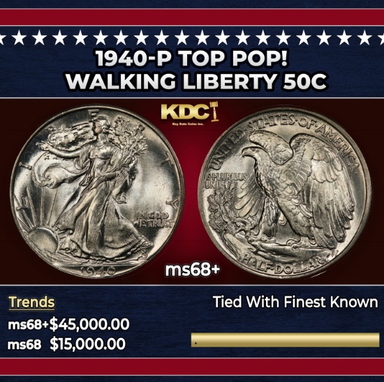 1940-p Walking Liberty Half Dollar TOP POP! 50c ms68+ SEGS