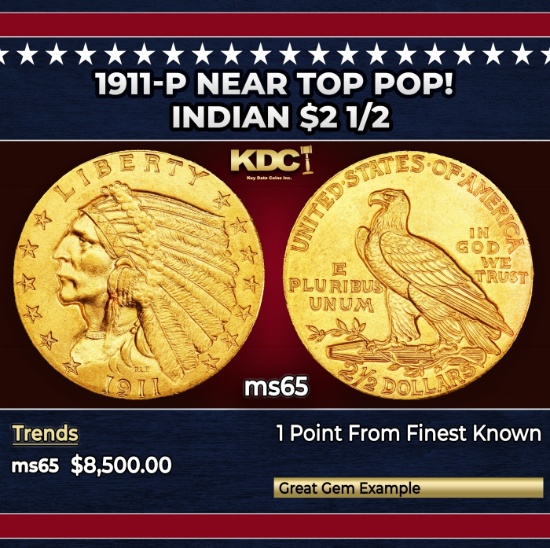 1911-p Gold Indian Quarter Eagle Near Top Pop! $2 1/2 ms65 SEGS