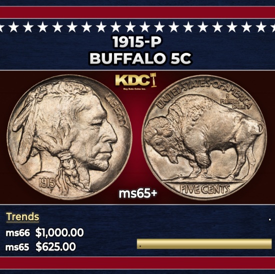 1915-p Buffalo Nickel 5c Grades ms65+