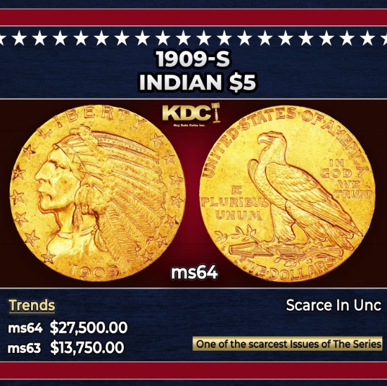 1909-s Gold Indian Half Eagle $5 ms64 USCG