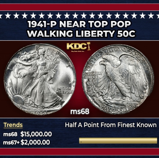 1941-p Walking Liberty Half Dollar Near Top Pop 50c ms68 SEGS