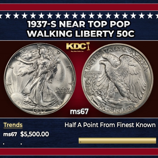1937-s Walking Liberty Half Dollar Near Top Pop 50c ms67 SEGS