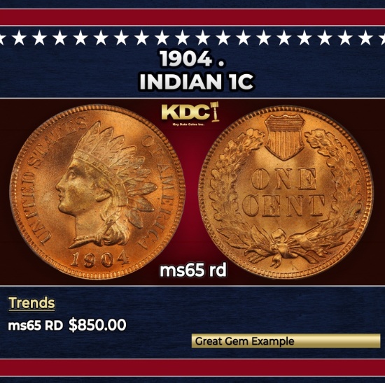 1904 Indian Cent . 1c Grades ms65 rd