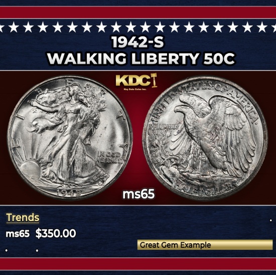 1942-s Walking Liberty Half Dollar 50c Grades ms65