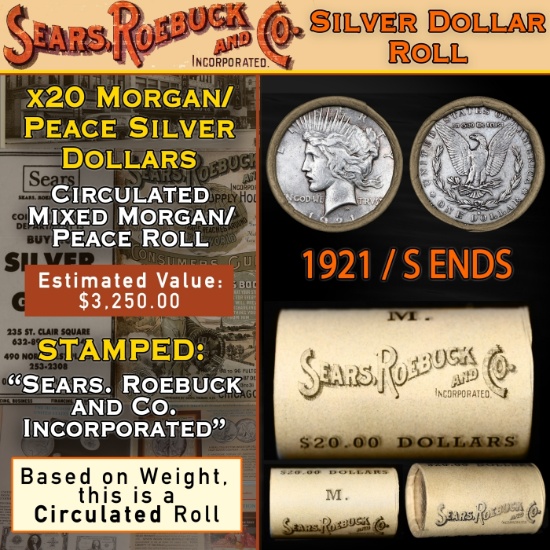 YS- 20 Mixed Morgan/Peace Circ SEARS Dollar $1 Roll 1921 Peace/Morgan 'S' Rev Ends