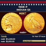 1908-p Gold Indian Half Eagle $5 ms64+ USCG