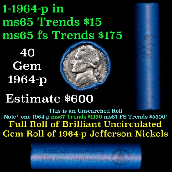 BU Shotgun Jefferson 5c roll, 1964-p 40 pcs Bank $2 Nickel Wrapper