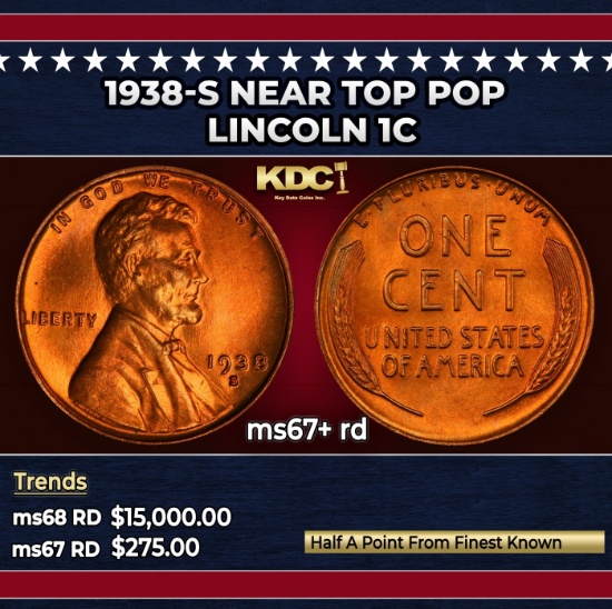 1938-s Lincoln Cent Near Top Pop 1c ms67+ rd SEGS