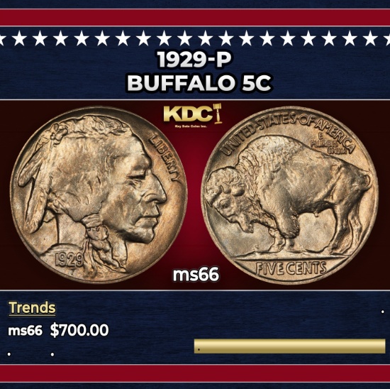 1929-p Buffalo Nickel 5c Grades ms66
