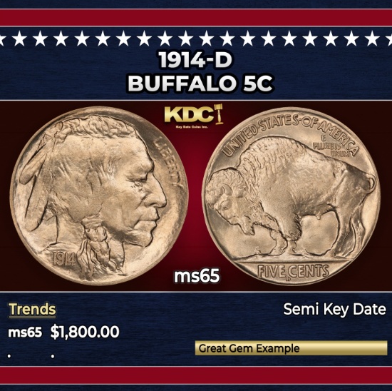 1914-d Buffalo Nickel 5c ms65 SEGS