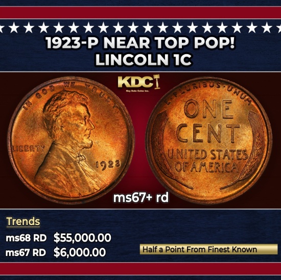 1923-p Lincoln Cent Near Top Pop! 1c ms67+ rd SEGS