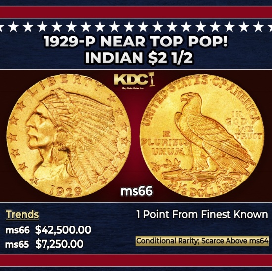 1929-p Gold Indian Quarter Eagle Near Top Pop! $2 1/2 ms66 SEGS
