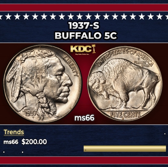 1937-s Buffalo Nickel 5c Grades ms66