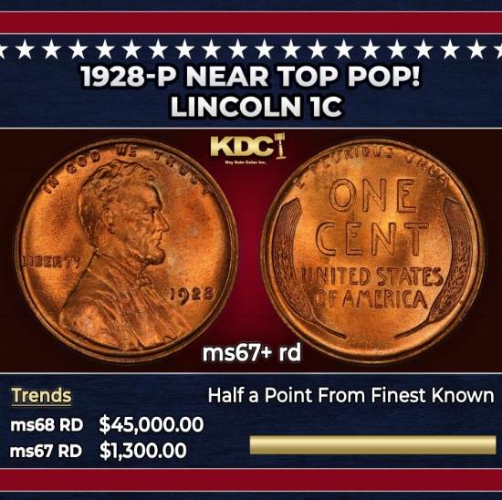 1928-p Lincoln Cent Near Top Pop! 1c ms67+ rd SEGS