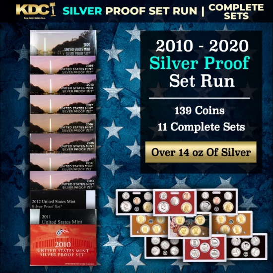 2010-2020 US Mint SILVER Proof Sets, 139 Coins Total, 11 Complete Sets Over 14oz Of Silver