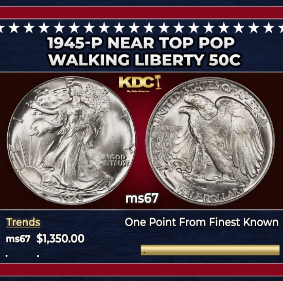 1945-p Walking Liberty Half Dollar Near Top Pop 50c ms67 SEGS