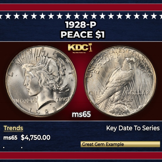 1928-p Peace Dollar $1 ms65 SEGS