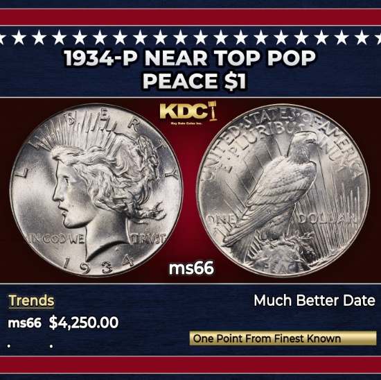 1934-p Peace Dollar Near Top Pop $1 ms66 SEGS