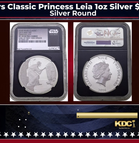 NGC NGC 2016 Star Wars Classic Princess Leia 1oz Silver $2 Australlian Tuvalu Proof pr70 dcam NGC Ot