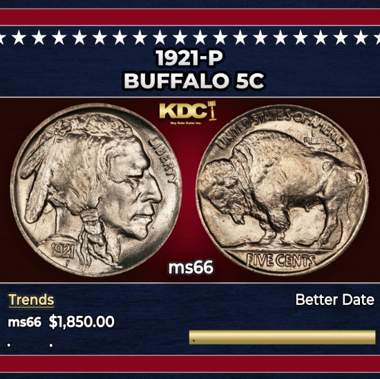 1921-p Buffalo Nickel 5c ms66 SEGS