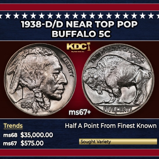 1938-d/d Buffalo Nickel Near Top Pop 5c ms67+ SEGS