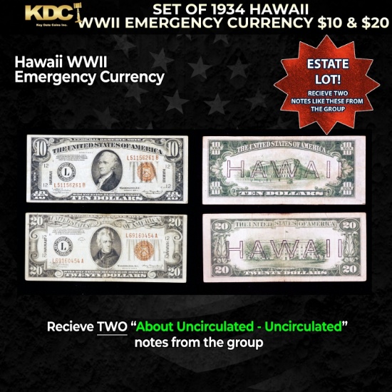 Set of 1934/1935 Hawaii WWII Emergency Currency $1 & KEY $5 Grades AU/CU