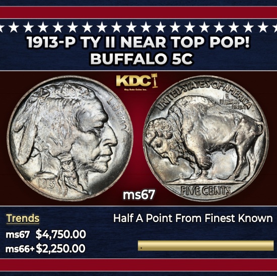 1913-p Ty II Buffalo Nickel Near Top Pop! 5c ms67 SEGS